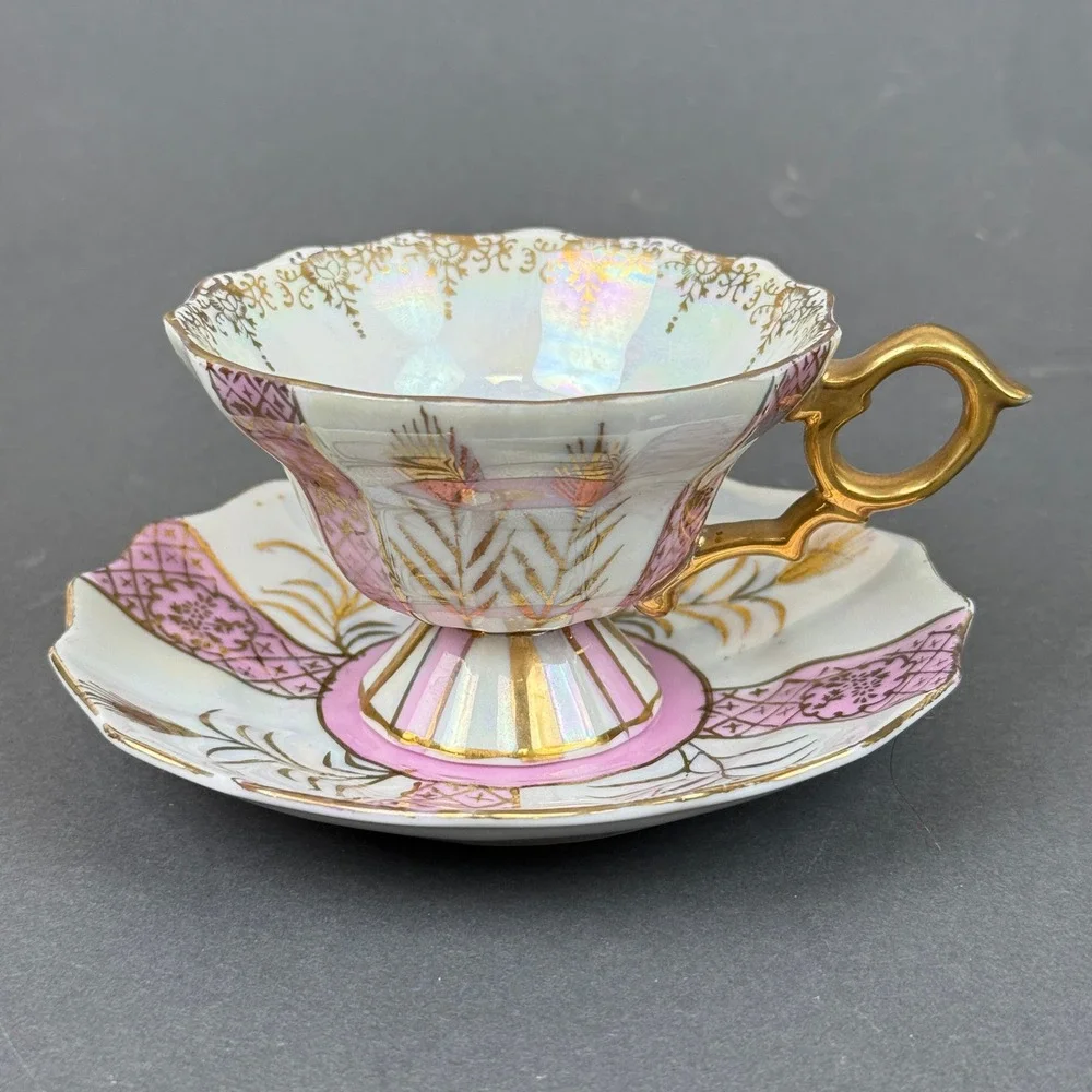 Vintage Teacup and Saucer Set Pink Gold Lusterware Iridescent hand painted